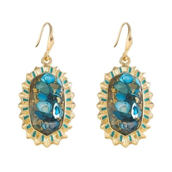 Gold Tone Faux Blue Turquoise Pierced 2 Inch Earrings Trendy Southwest Style - Picture 1 of 7